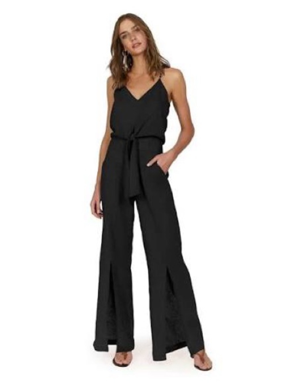 Black Sleeveless V-Neck Wide-Leg Jumpsuit with Self-Tie Waist